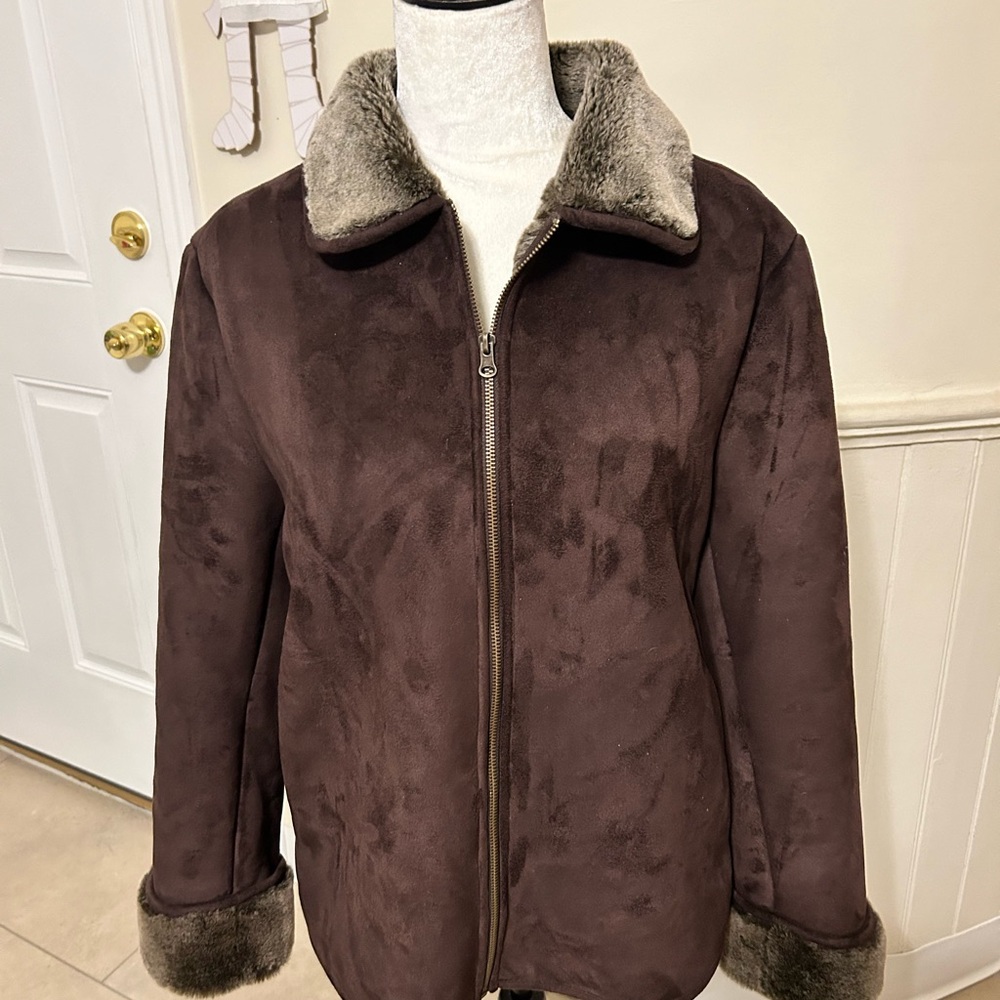 Coaco New York Faux Chocolate Brown Suede With Faux Fur Collar-Cuffs Size Small